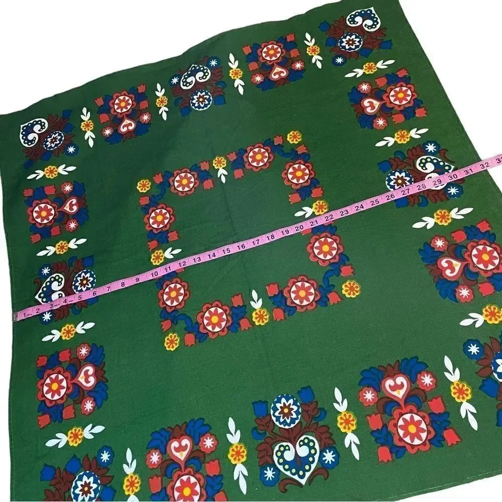 Vintage MCM Green patterned printed  tablecloth